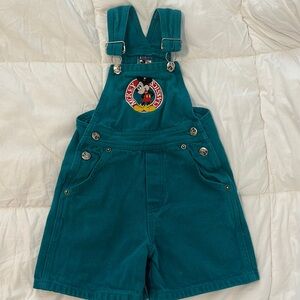 DISNEY Vintage Kids Mickey Mouse Classics Green Denim Overalls Shorts Size 4
